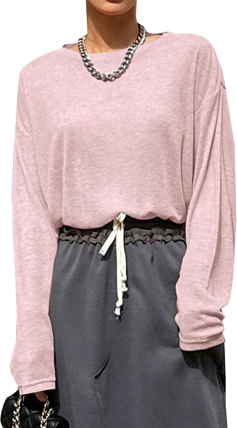 Remidoo Oversized Tshirts for Women See Through Sheer Top Long Sleeve T Shirt Loose Tee Pink X-Large - Image 3