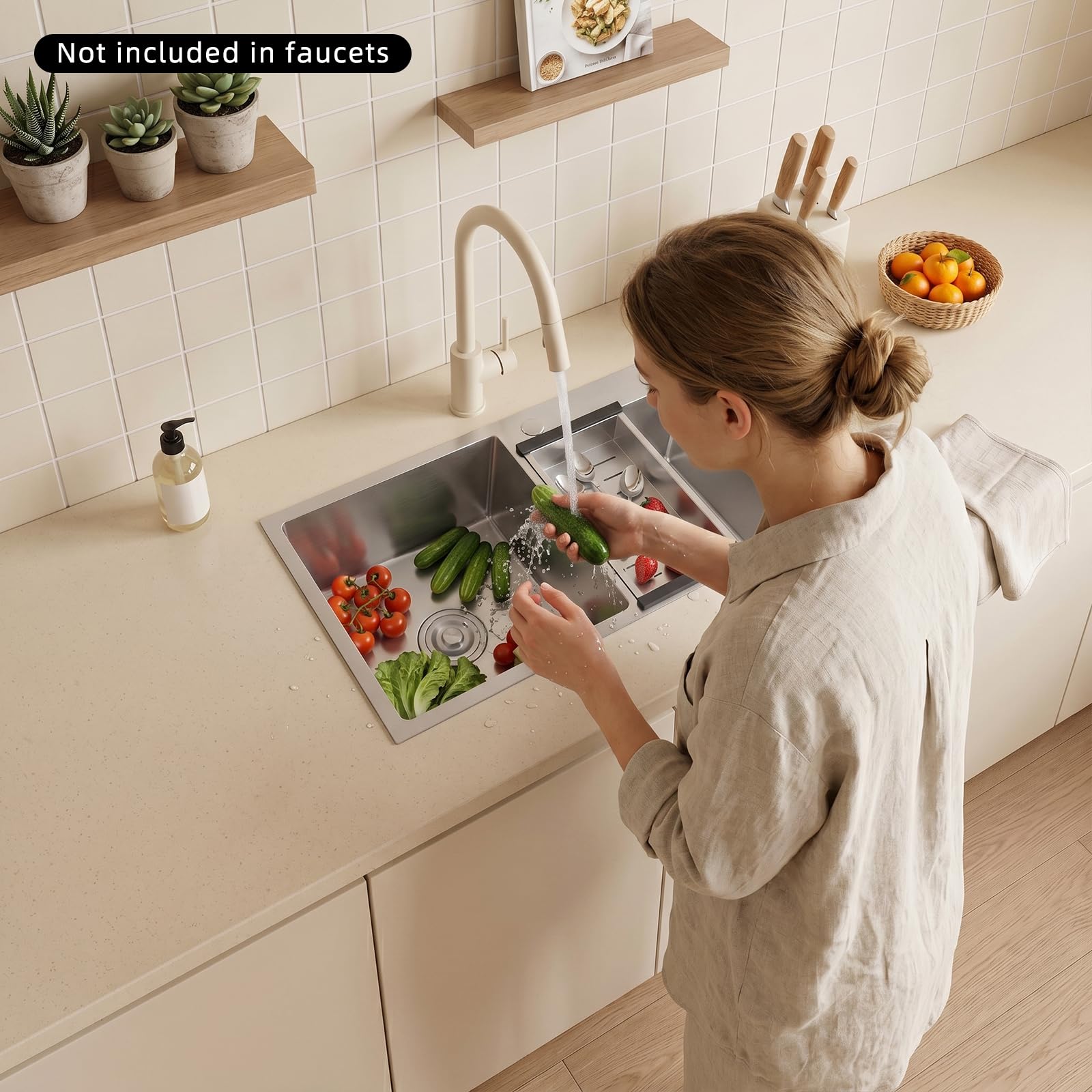 Doppio lavello 201, lavello da cucina in acciaio inox, lavello da incasso, 78 x 43 x 21 cm, rettangolare, con cestello sgocciolatoio, filtro per rifiuti, dispositivo di scarico, lavello da cucina a 2