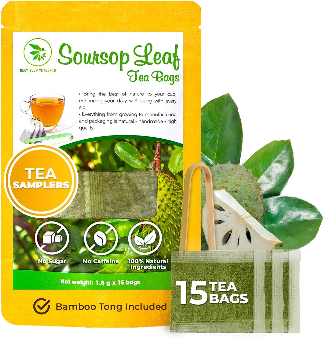 Soursop Graviola Leaf Tea Samplers - 15 Count, Bamboo Tong Included, No Sugar Added, No Caffeine, Re-Steep Morning Herbal Detox Tea for Relax & Refreshing, Hoja De Guanabana Mini Tea Bags