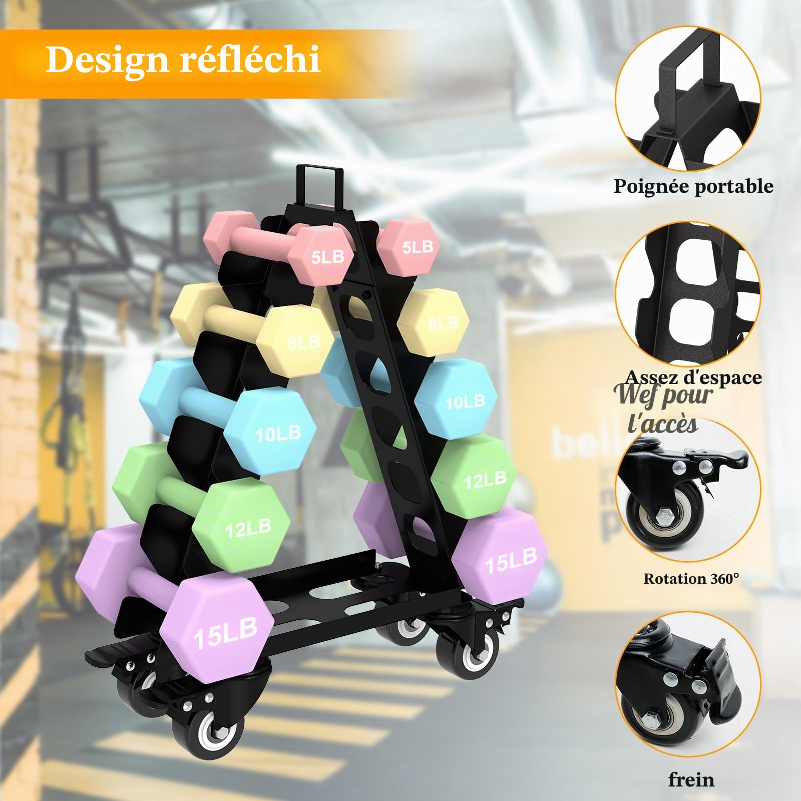 Support d'haltères courts Avec roues-Organiseur de rangement pour haltères - Accessoires de gymnastique - Parfait pour la salle de sport à la maison -Pour enfants/femmes