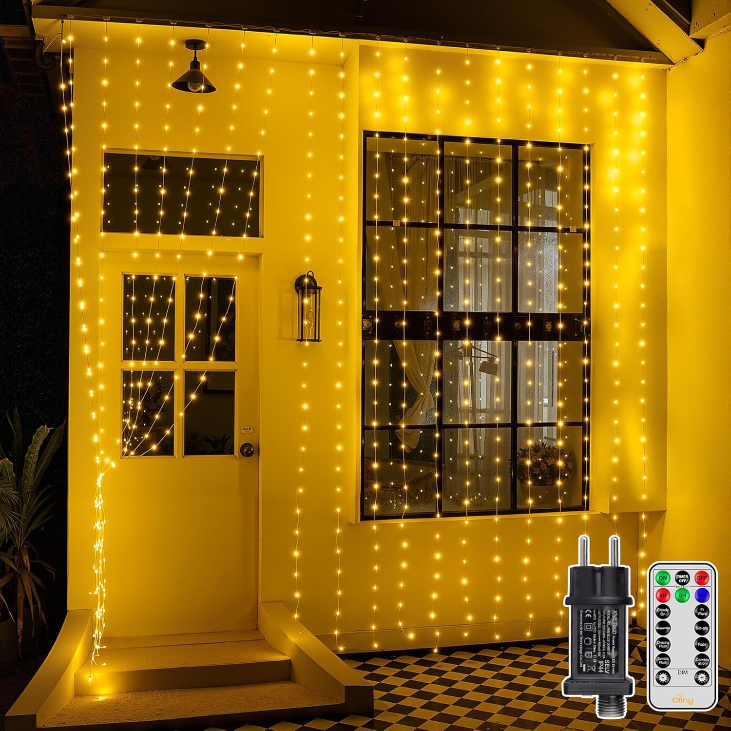 Ollny Lichtervorhang aussen 3×3m, 300 LED Lichterkette Vorhang mit 8 Modi, IP67 wasserdicht mit Fernbedienung, Timer und Dimmbar, für Weihnachten Tür Wand Party Fenster Balkon (Warmweiß)