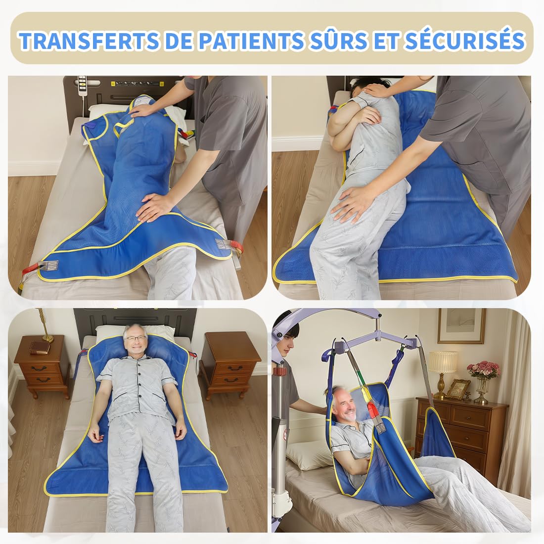 Sangle de Levage Universelle pour Patient, Sangle de Levage Médical pour Positionnement au Lit/Bain/Transfert pour Personnes Âgées, Handicapées, Patients Alités (Bleu, Taille Moyenne)