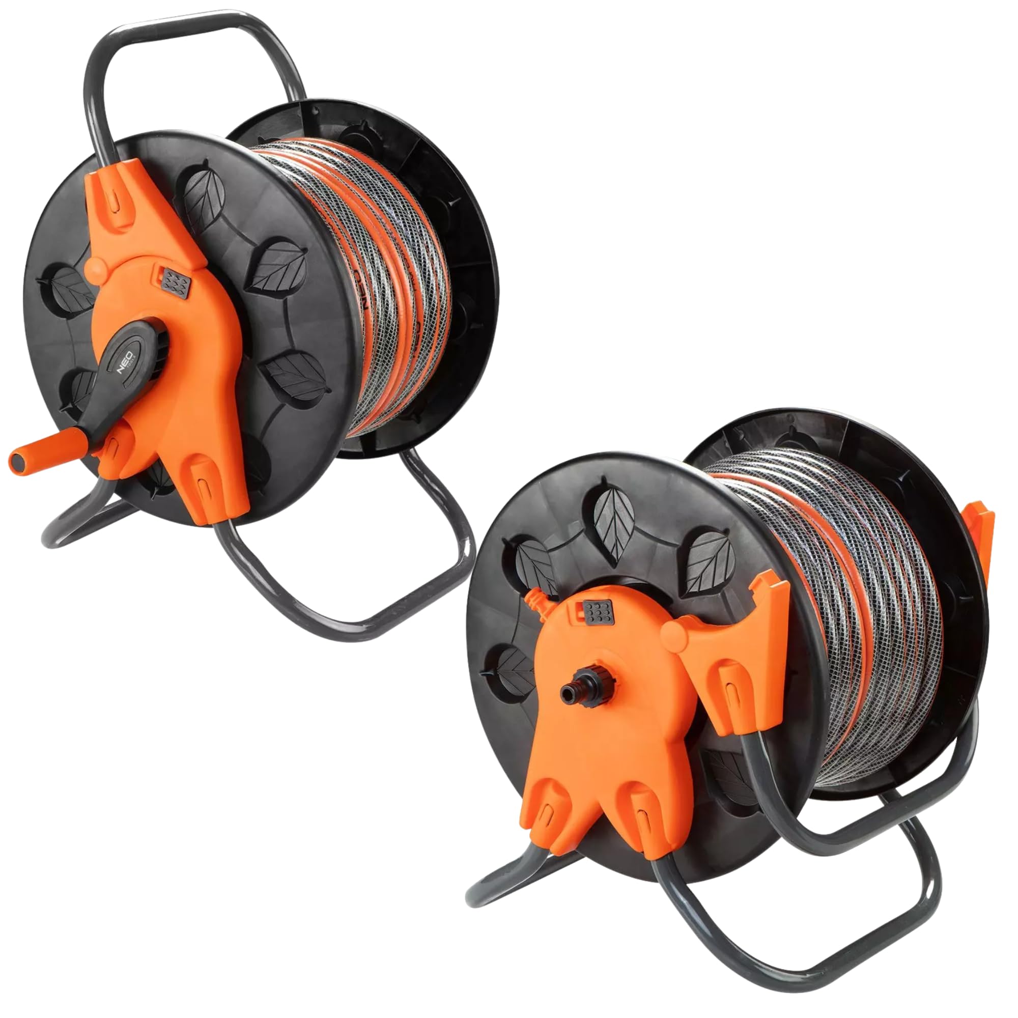 NEO TOOLS Gartenschlauch Set 50m 1/2 Zoll mit Schlauchwagen Spritze und Anschlussarmaturen UV Beständig 4 Lagig Bewässerungsset für Große Gärten