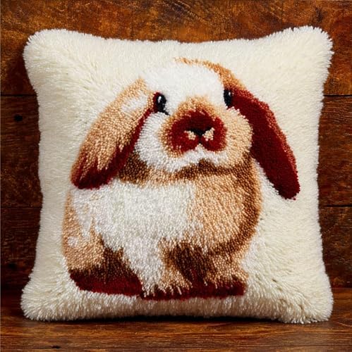 Taxpy Latch Hook Cushion Kits Rabbit Pillowcase Kits Embroidery Kit 17X17 Inch DIY Needlework Pillow Cover Sofa Cushion Rug Making