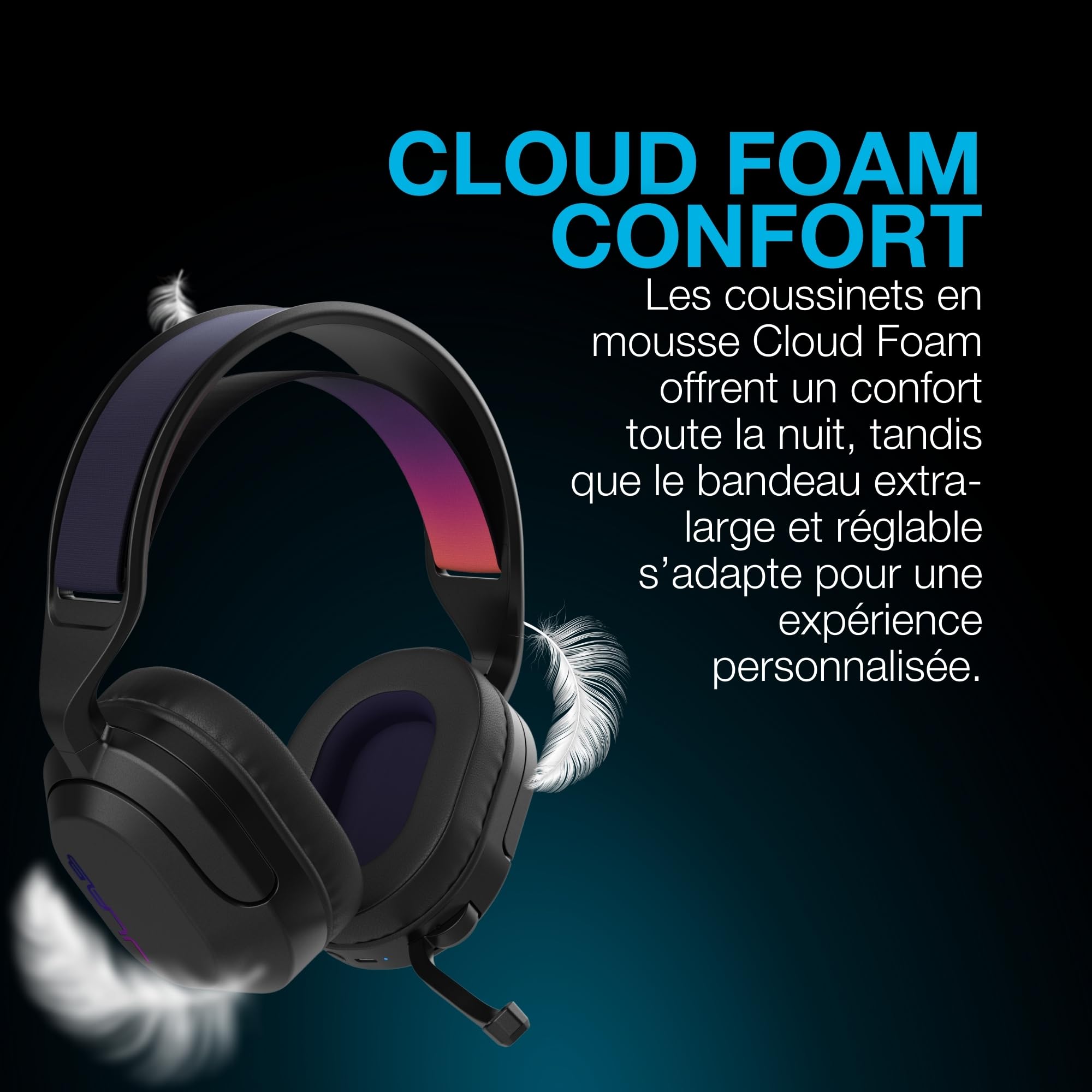 JLab Nightfall Casque de Jeu sans Fil Over-Ear avec Microphone - Bluetooth | Casque Gaming pour PC/Playstation/Nintendo Switch, Haut-parleurs 50 mm, Coussinets Mousse Cloud, Isolation