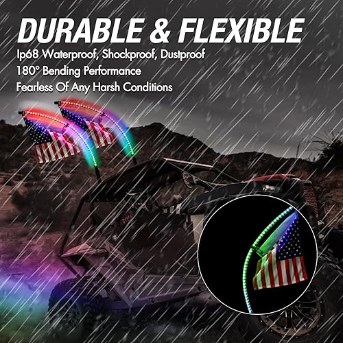 Miniatura 4 de 2 luces LED de 3 pies con bandera ahumada, luz de látigo RGB negra con luz LED con control remoto inalámbrico RF, luz de persecución UTV para ATV