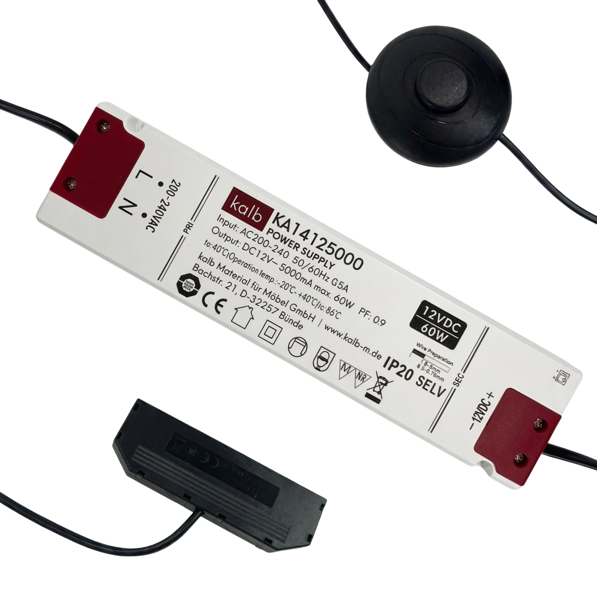kalb | Trasformatore LED 12V 15W 30W 60W con interruttore a pedale, alimentatore con distributore 6/10 uscite, sistema Mini LED (60, Watt, 12)