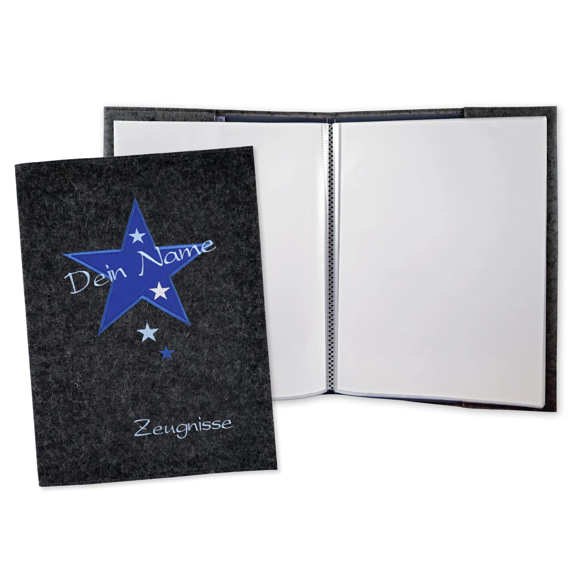 Zeugnismappe Stern anthrazit/blau personalisiert mit Namen 100% Wollfilzumschlag und Sichtbuch DIN A4 mit 20 Hüllen