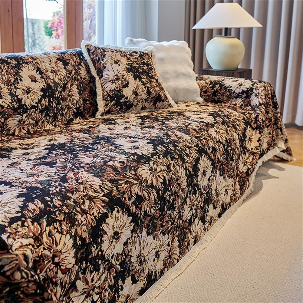 Morbuy Sofa Cover with Tassel for 1 2 3 4 Seater, Cotton Linen All-Season Protection AB Sided Throw Slipcover for Corner Sofa Couch Cover for Living Room (black flowers,100x160cm)