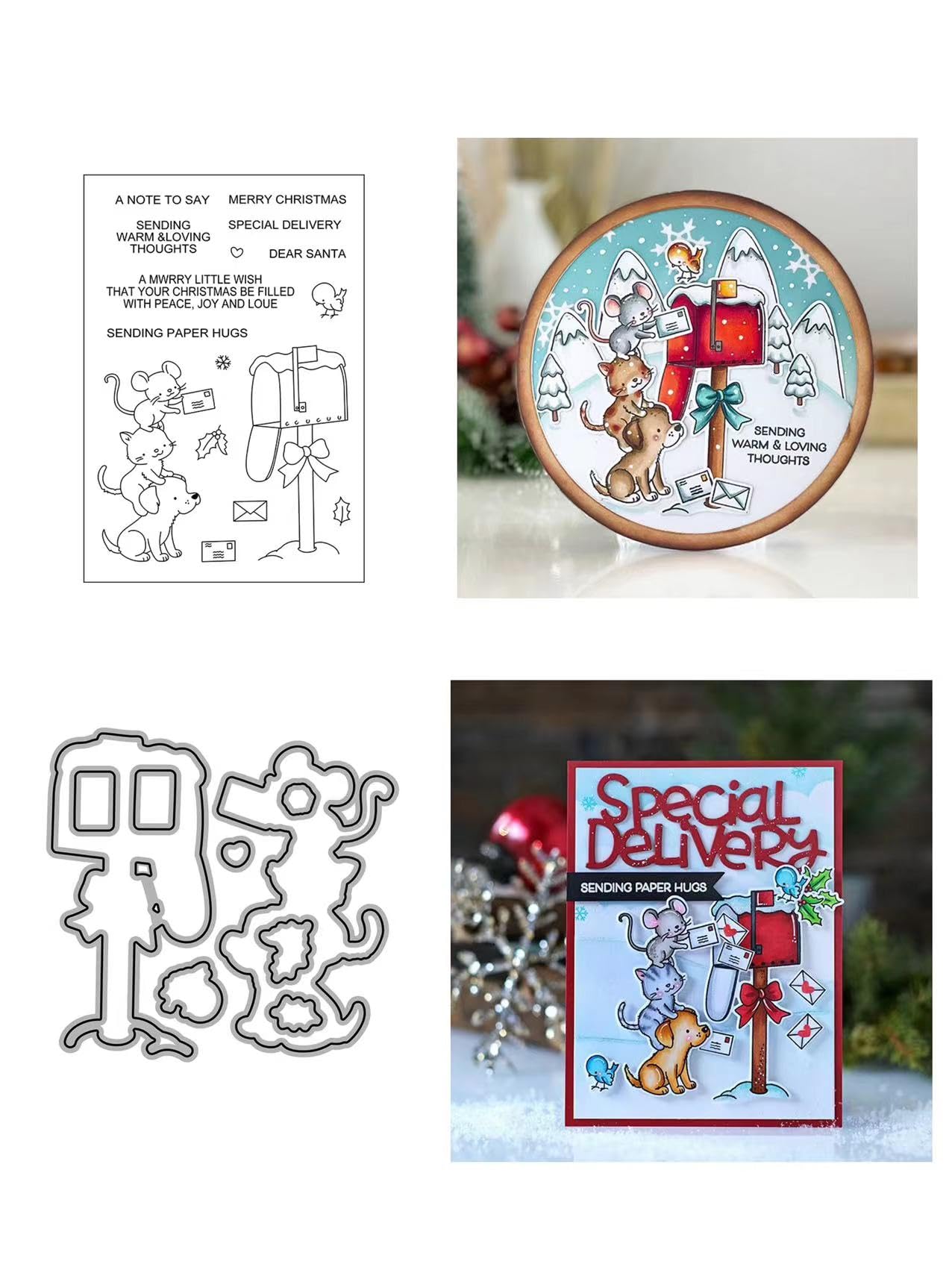 JIHFOHHA Cute Cat Dog Mouse Mailbox Clear Stamps and Dies Die for Card Making, Christmas Cutting Die and Stamps Set for DIY Scrapbooking Album Decorative Christmas
