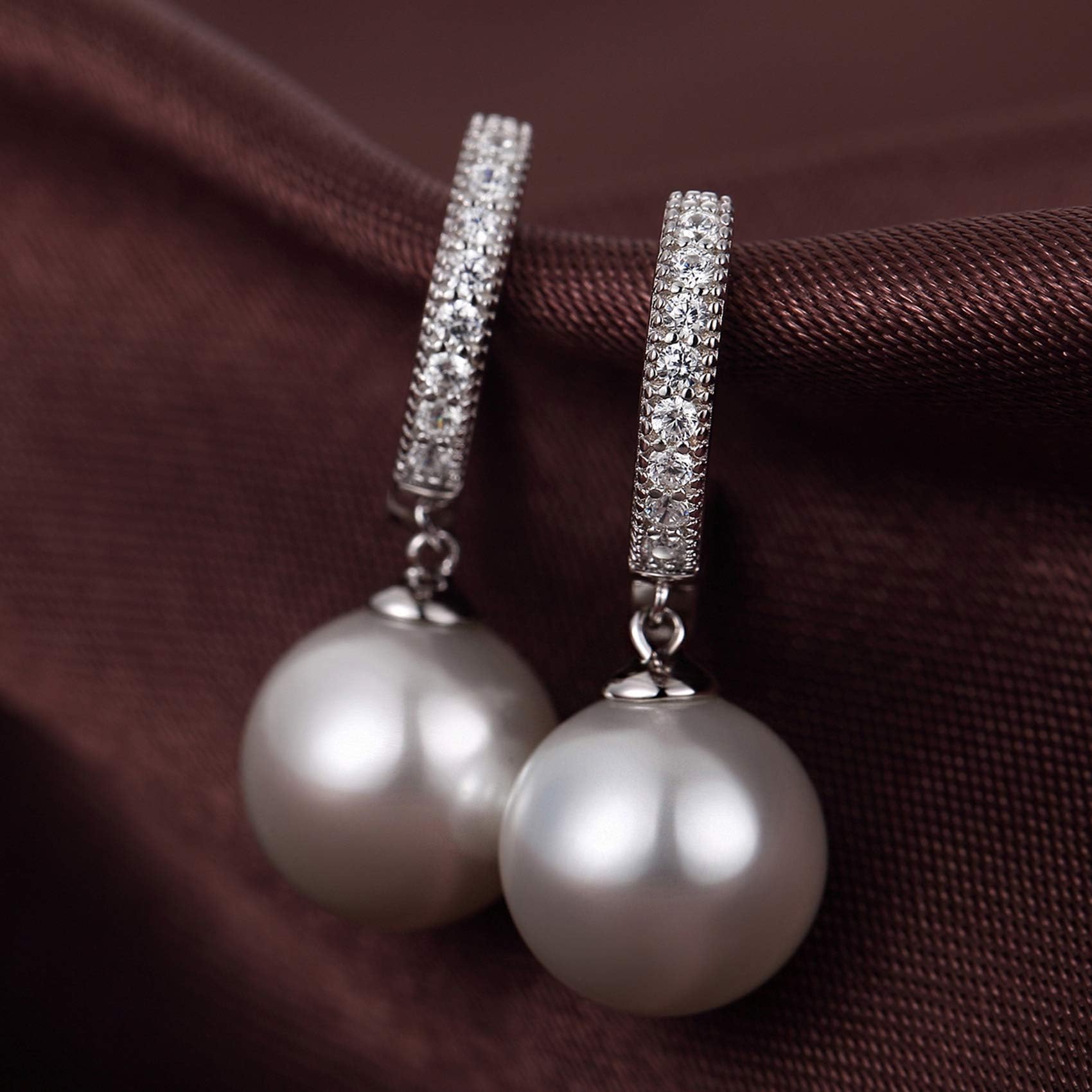 Perlenohrringe 925 Sterling Silber Perlen Creolen Huggie Ohrringe Hängend Perlen mit Zirkonia Diamanten Schmuck Geschenke für Damen Braut Hochzeit 10 mm