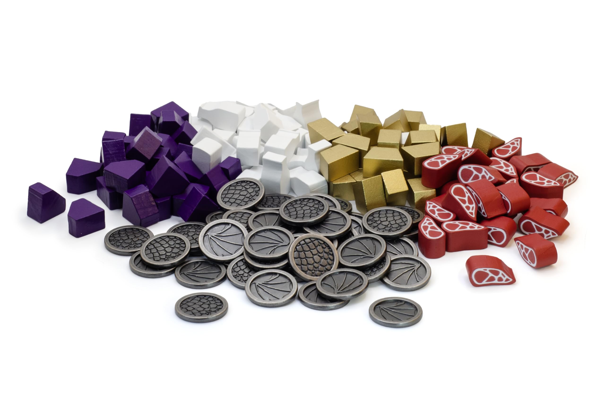 Stonemaier Games: Wyrmspan Upgrade Pack | Metal Coins and Wooden Resources | 45 Double-Sided Metal Dragon Coins and 104 Wooden Resources (Meat, Gold, gem, and Milk) - Add to Wyrmspan