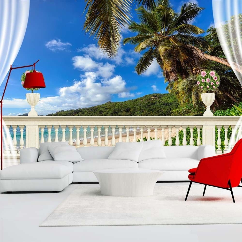 Vlies Fototapete Wandtapete Wandbilder 3D Sand Sea View Terrace 1313 (400(B) x 280(H) cm)