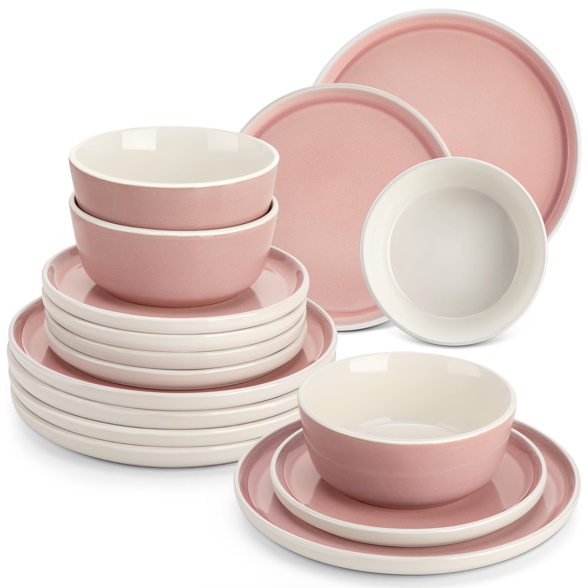 Steingut Geschirrset 6 Personen, vancasso Serie ELBA 18-tlg., Modern Geschirr Set in Rosa mit Speiseteller Dessertteller Müslischüsseln, Tafelservice 6 Personen, Schüssel- und Teller Set mit Stehrand