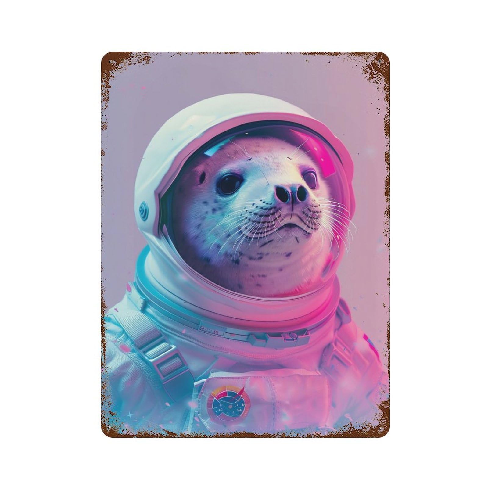 Seal Astronaut Vintage Wall Sign 15.7"x11.8", Rust Effect Metal Decor for Basement, Hobby Room And Garage Decor
