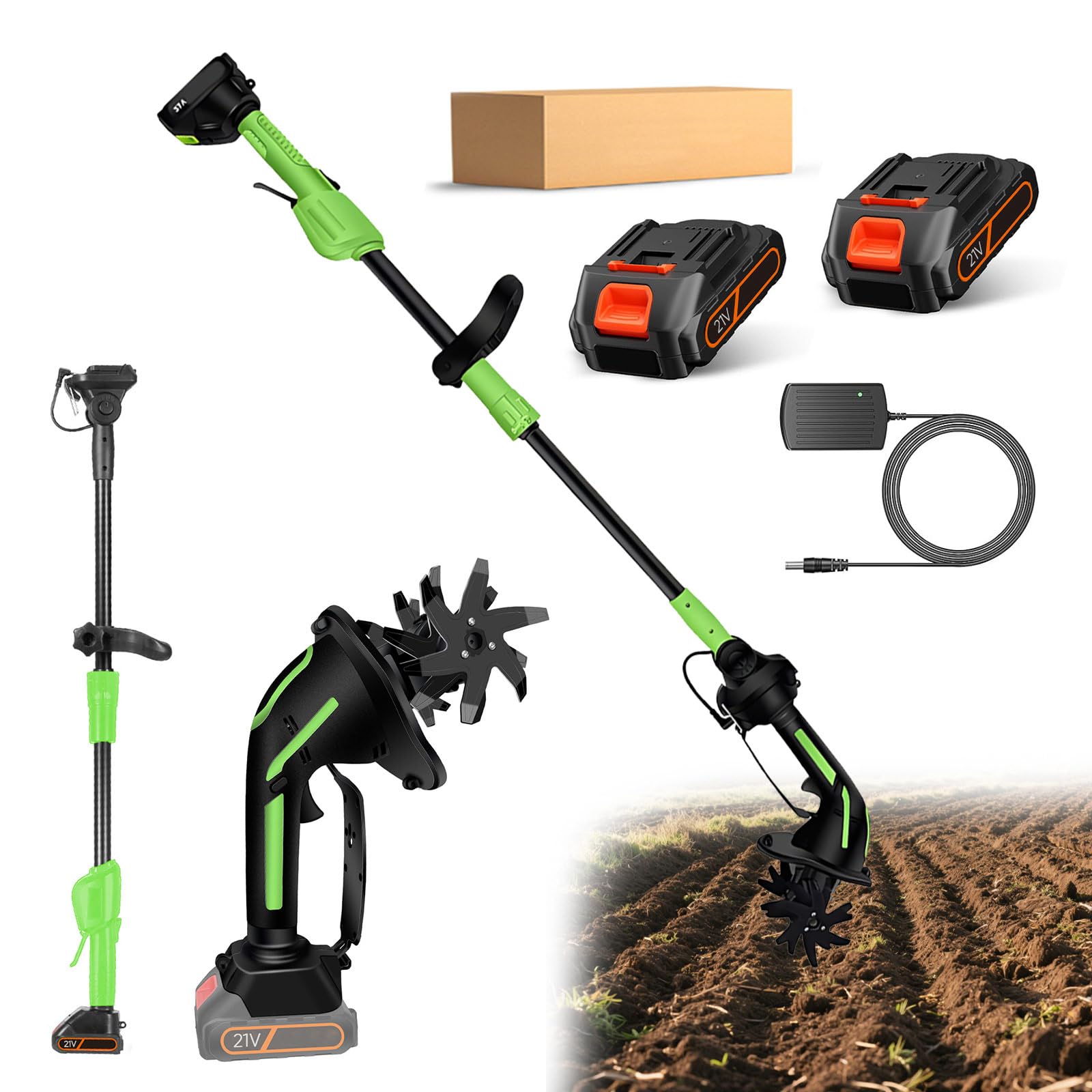 Electric Garden Rotavator,Versatile for Soil Loosening and Weeding,Cordless Tiller Cultivator with Batteries & Long Pole,10cm Tilling Depth and 10cm Working Width Rotavator (2Battery+Extension rod)