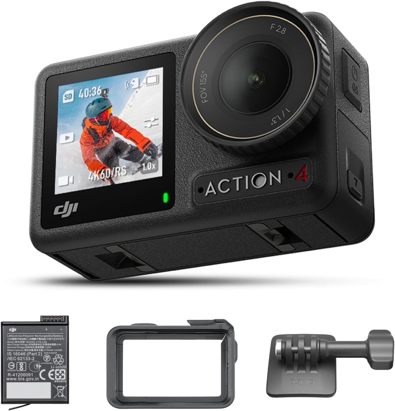 Action Camera Osmo Action 4 Standard Combo, 4K/120 FPS, Waterproof, 1/1.3 Inch Sensor, Amazing Low Light Performance, 10-Bit and D-Log M, Color Performance, Long Life 1770 mAh Battery [Domestic