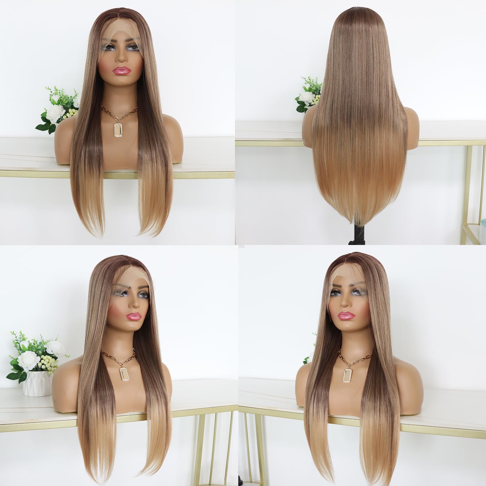 24” Straight 3 Tone Colored Lace Front Wig Amazon.com : MACA BAKA 3 Tone Ombre Brown Synthetic Lace  main image 4