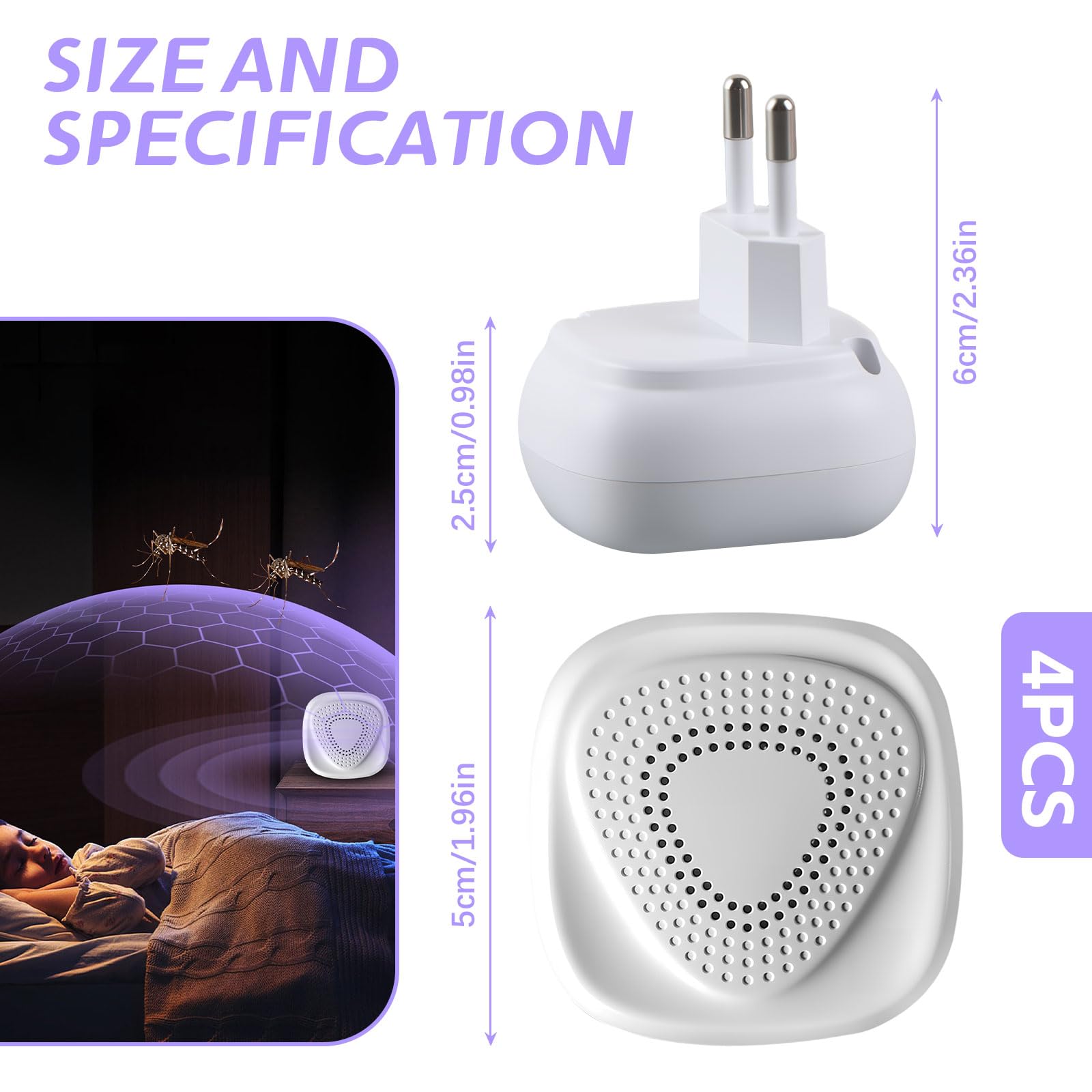 Prise Anti Moustique Ultrason 4 Pcs, Répulsifs Ultrason Anti Moustique Électronique d'Intérieur, Défense Efficace Contre Les Moustiques, Souris, Cafards, Araignées, Fourmis et Mouches