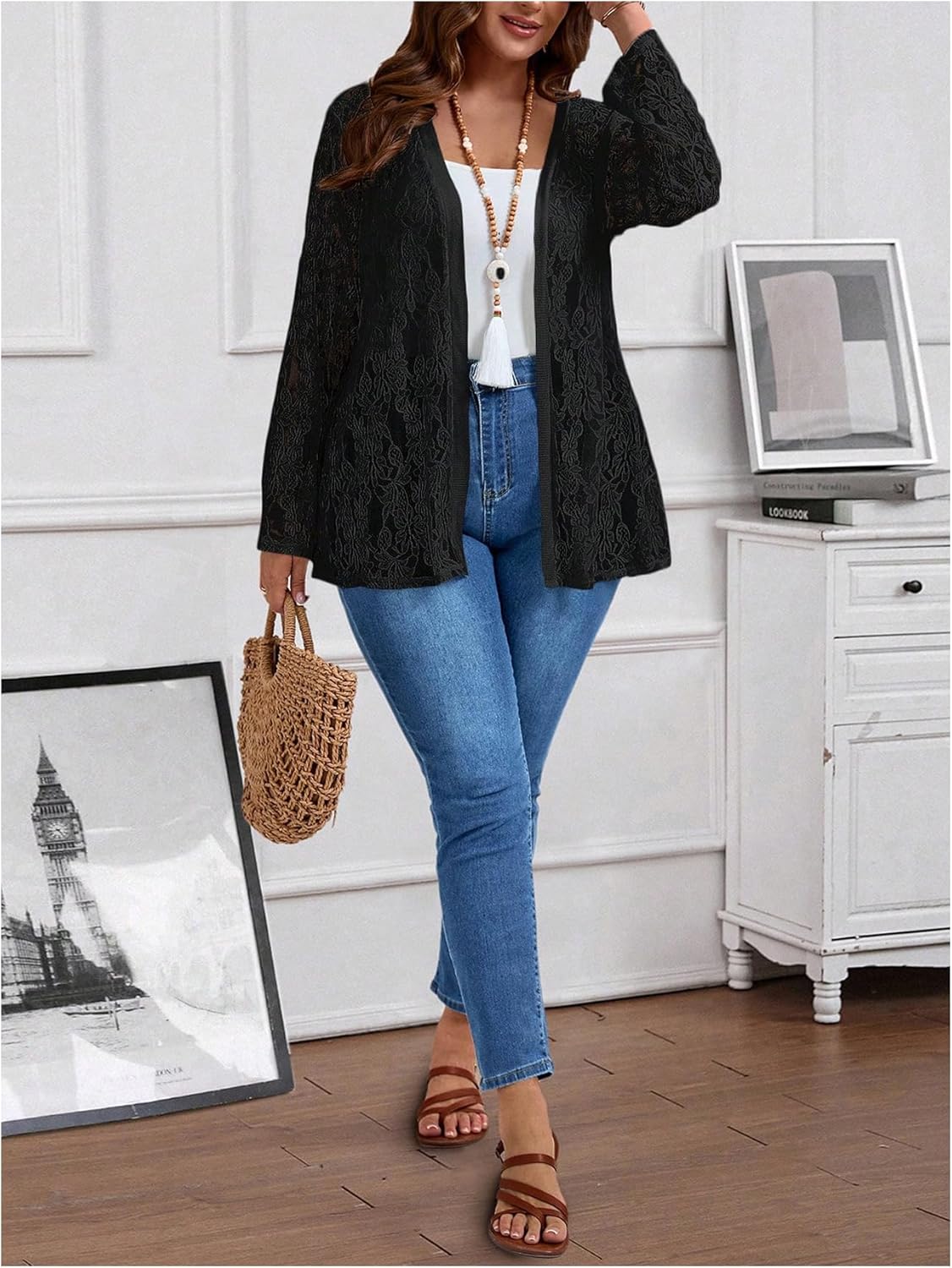 Women's Plus Size Floral Lace Jacket Sheer Mesh Open Front Long Sleeve Lightweight Cardigan Outerwear - Image 5