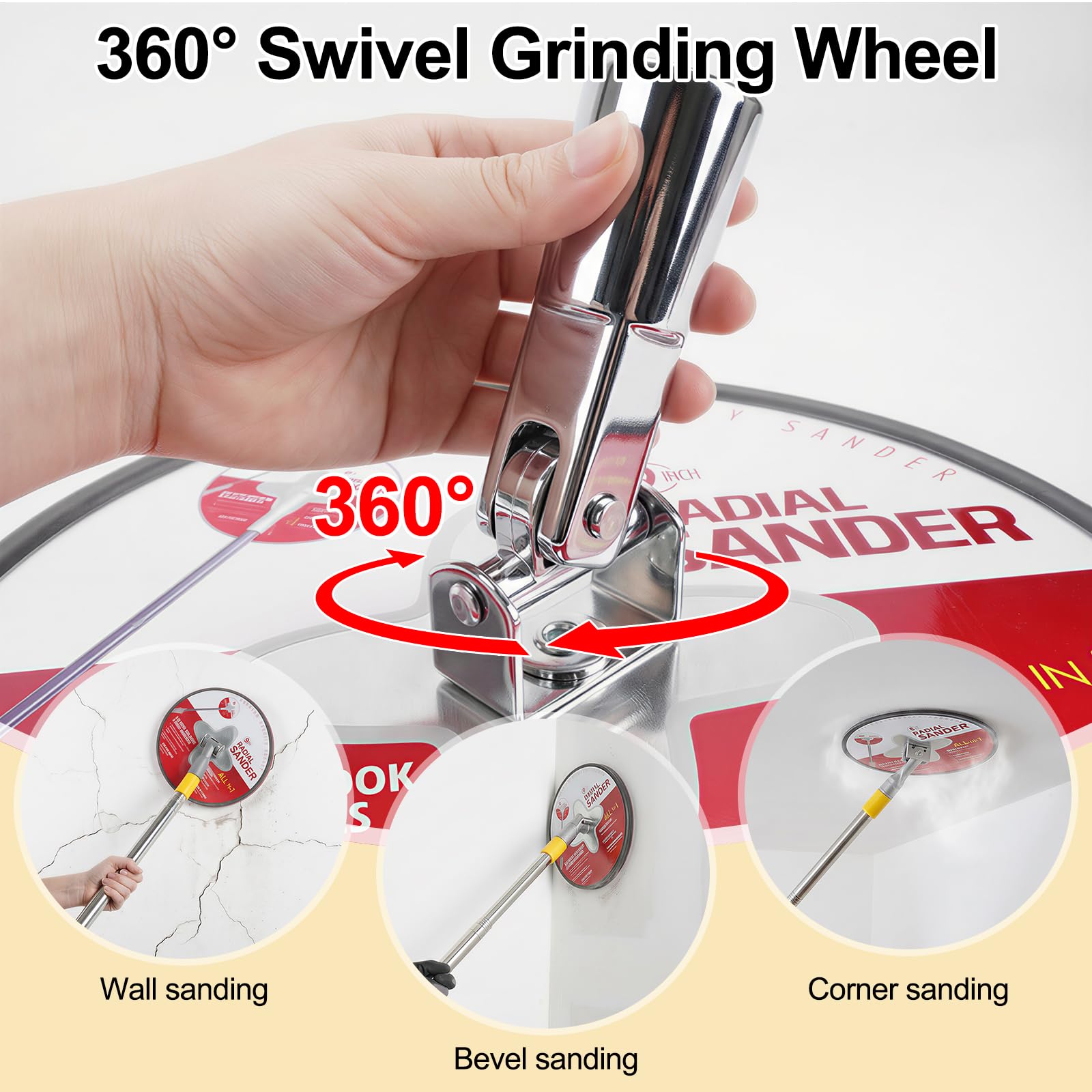 Levigatrice per cartongesso con asta di estensione e 10 fogli abrasivi, rotazione a 360°, levigatrice radiale radiale radiale da 22 cm, grana da 80 a 240 per pareti e soffitti dipinti