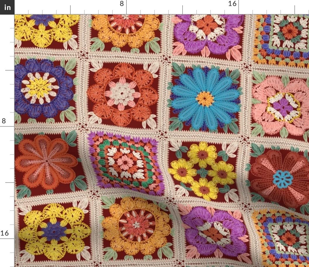 Spoonflower Fabric - Granny Square Garden Flowers Crochet Nostalgic Vintage Printed on Petal Signature Cotton Fabric by The Yard - Sewing Quilting Apparel Crafts Decor