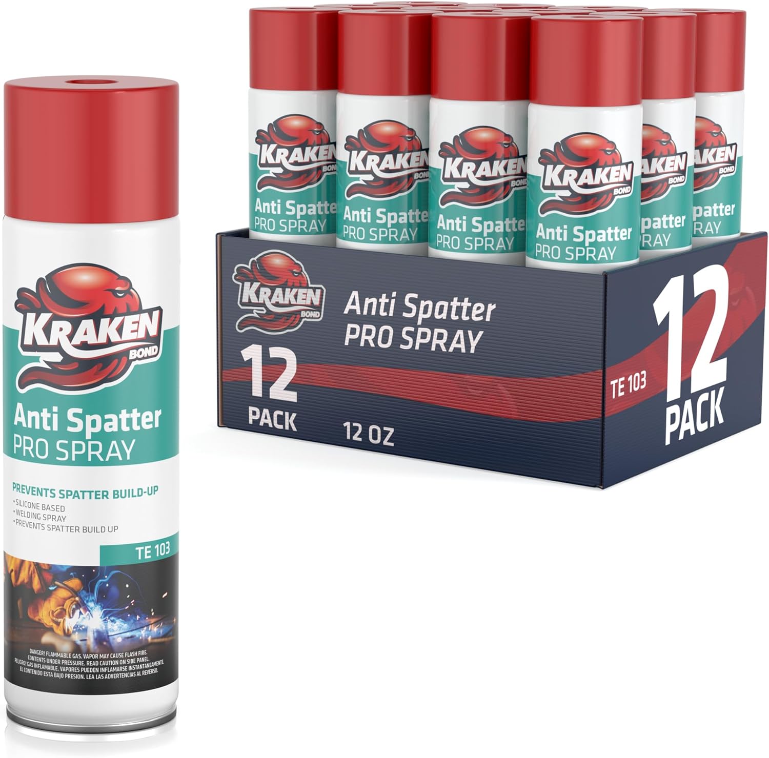 Kraken Bond Anti Spatter Welding Spray - (12x12oz) Anti-Splatter Aerosol Spray for MIG, TIG Tips, Protects Surfaces & Materials, Non-Flammable, Safe for Workpieces and Jigs, 12 Pack