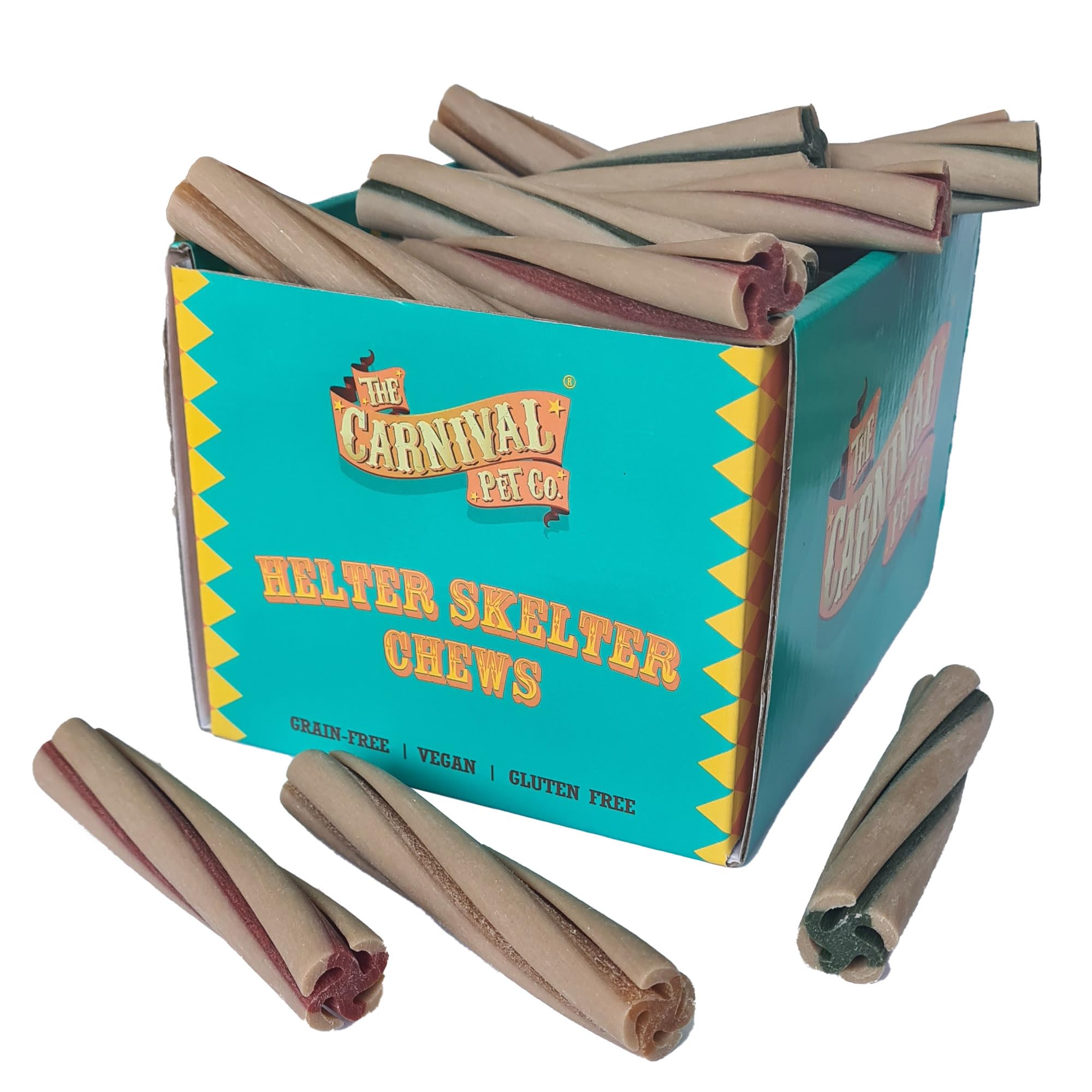 Vegan dog chews, 30 edible Helter Skelter dog treats with a plant-based recipe for sensitive dogs. Fun chews for dogs of all ages. 810g