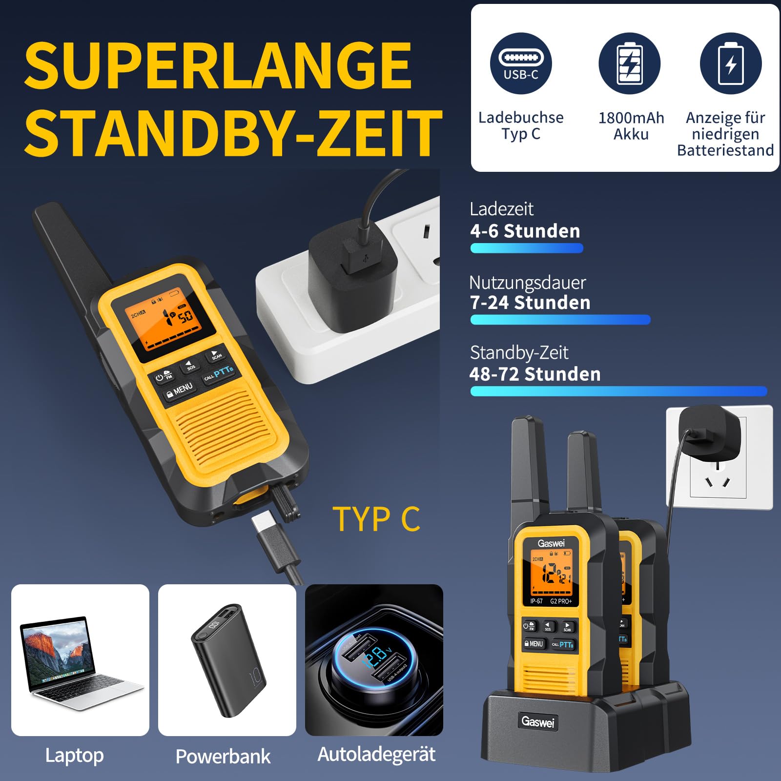 Gaswei G2Pro+ IP67 Wasserdicht Walkie Talkie FM Radio Hohe Reichweite | PMR 446 Profi Funkgerät Set mit VOX & SOS-Alarm,USB-C,Robust & langlebig ideal für Baustelle,Reisen,Camping & Outdoor