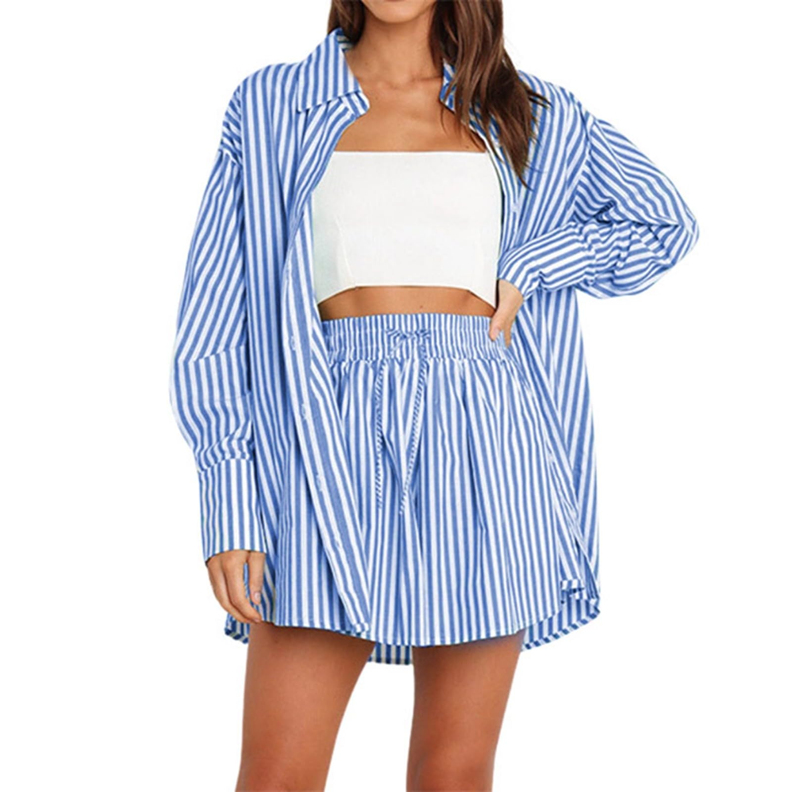 Conjunto de pantalones cortos casuales de primavera y verano para mujer, camisa a rayas de manga larga dividida de dos piezas