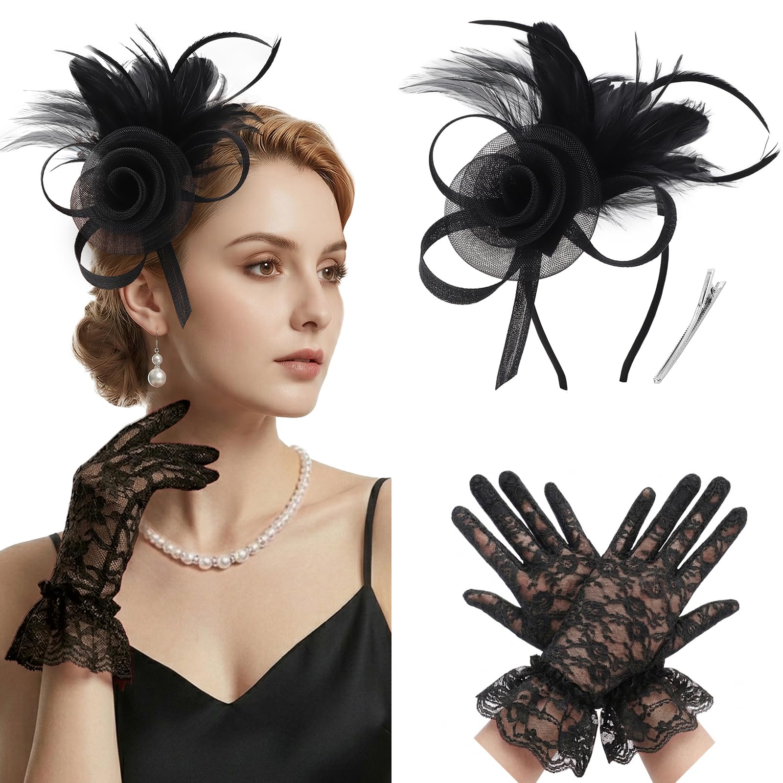DRESHOW Fascinators Hats for Women Tea Party Gloves Set Tulle Derby Fascinators and Short Lace Gloves for Cocktail Church