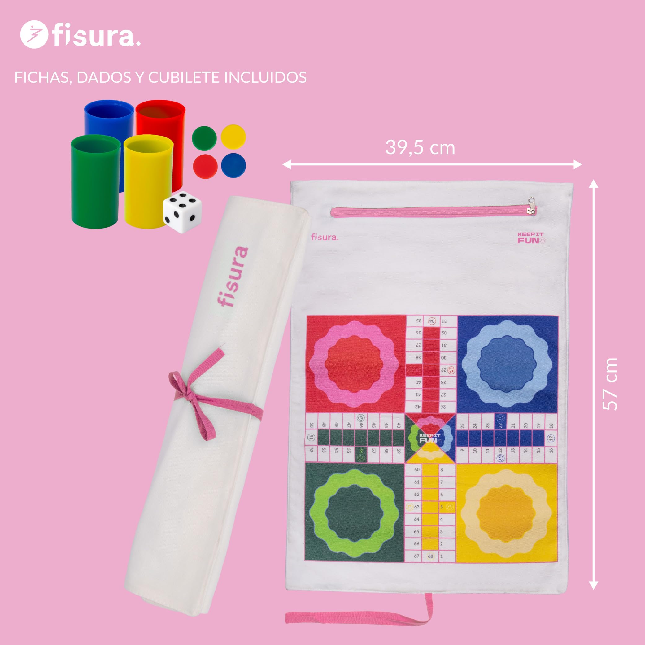 Fisura – Juego de Mesa portátil parchís. Juego de Viaje Enrollable para Playa, Viaje y escapadas. Parchís portátil Original. Fichas Incluidas. 40 cm x 9 cm