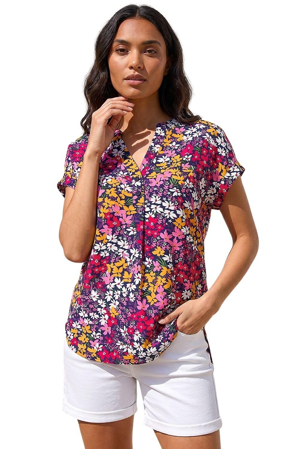 Roman Women's Fuchsia Floral Print Stretch Shirt In | Size: 14
