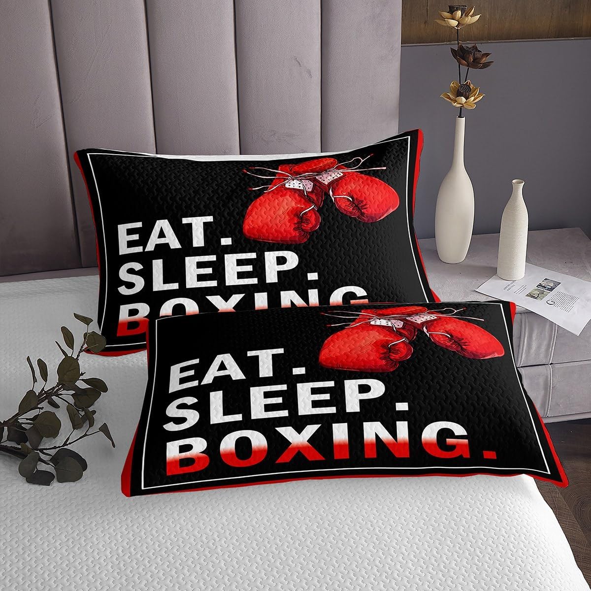 Castle Fairy Boxing Bedspread King Size,Sports Theme Bedding Set Red Boxing Gloves Pattern Comforter Set 3Pcs for Kids Boys Men Adult Room Decor,Pugilism Games Design Quotes Quilt Set,2 Pillowcases