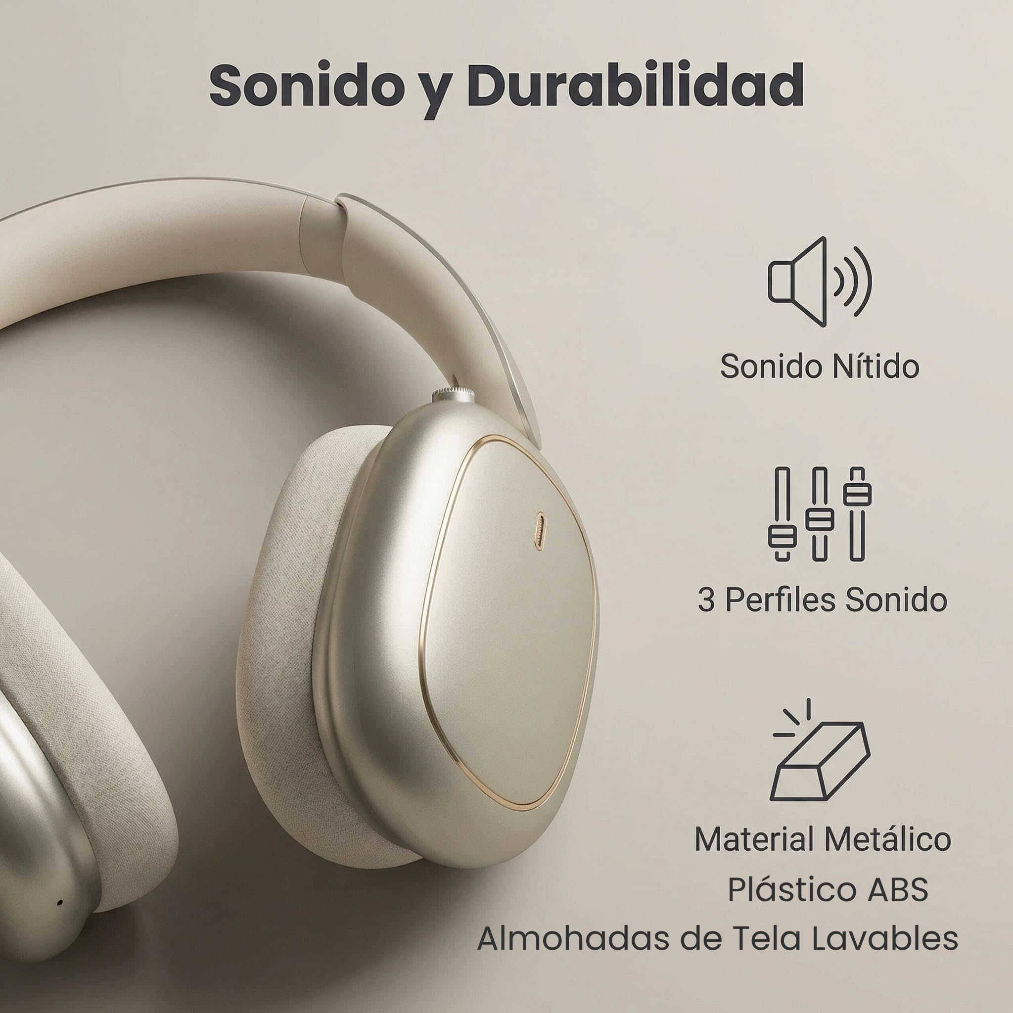 ND905-ANC Auriculares Inalámbricos Diadema Bluetooth 5.4, Cancelación Ruido Activa (3 Modos), 3 Ecualizadores, 40H Autonomía, Almohadillas Magnéticas y Conexión Dual (Beige)