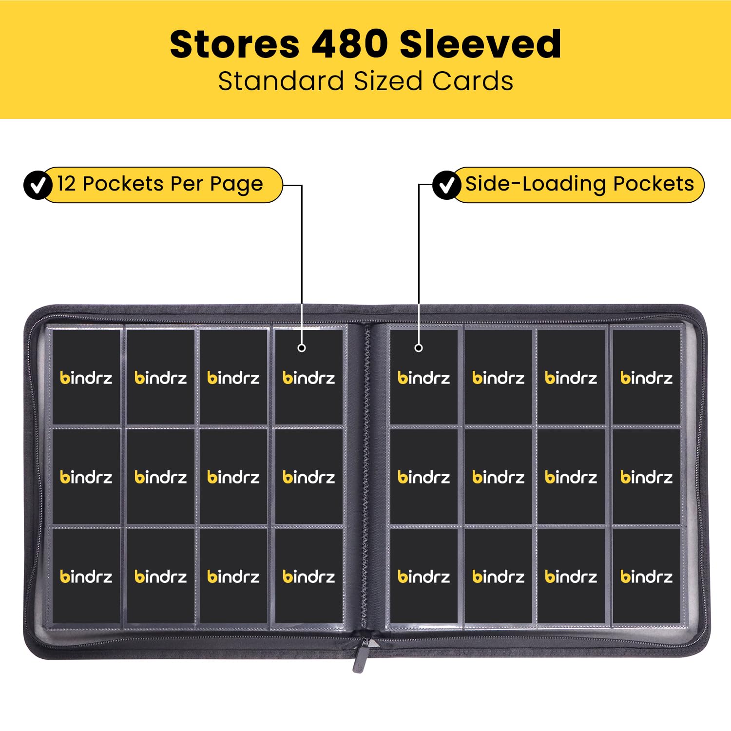 bindrz Carpeta con cremallera de 12 bolsillos para 480 tarjetas coleccionables con funda (negro) | Álbum de bolsillos laterales de carga, material seguro para archivar, compatible con TCG MTG y coleccionables deportivos