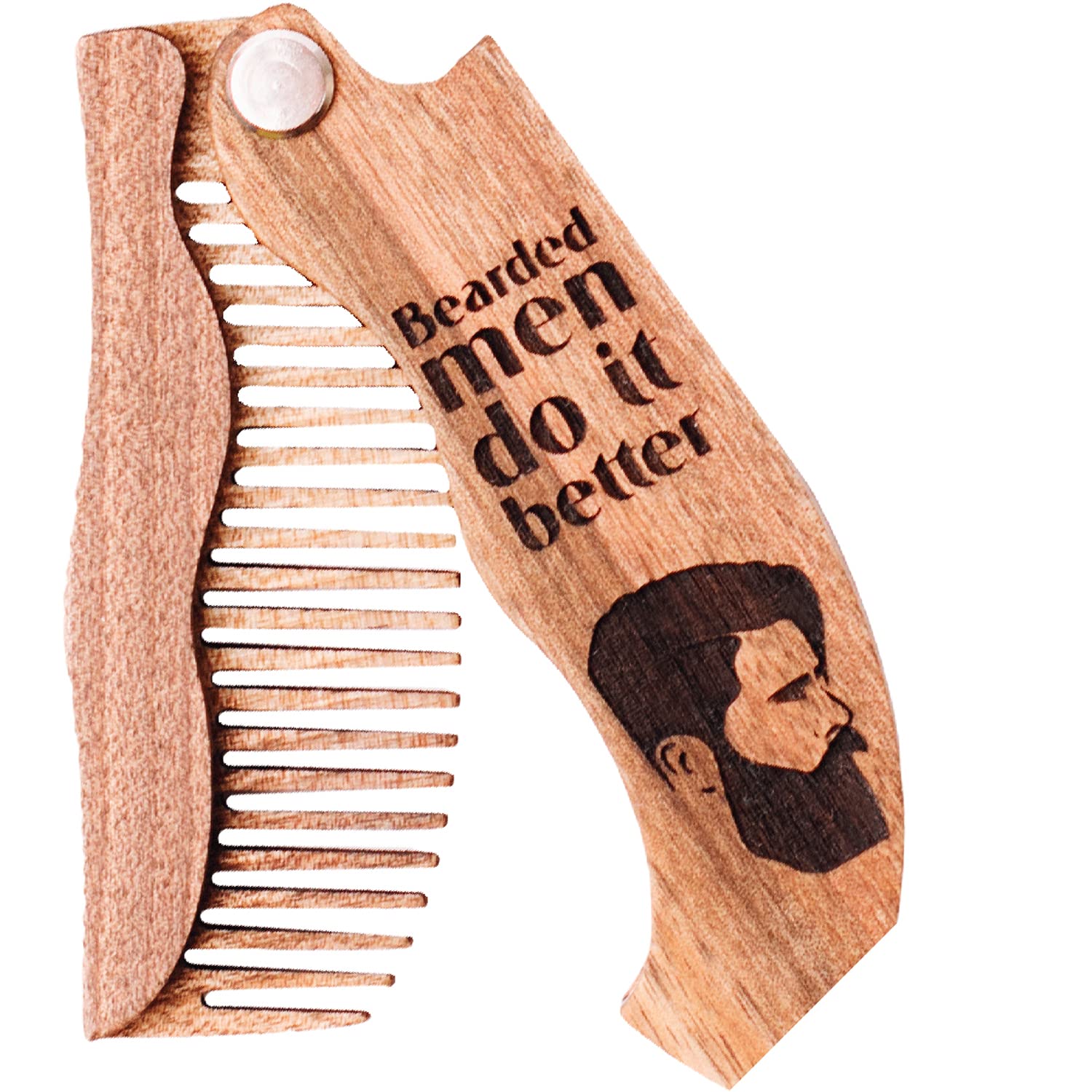 Wooden Beard Comb for Men - Personalized Folding Pocket Comb for Moustache Beard & Hair Walnut Combs Engraved (Bearded Man)