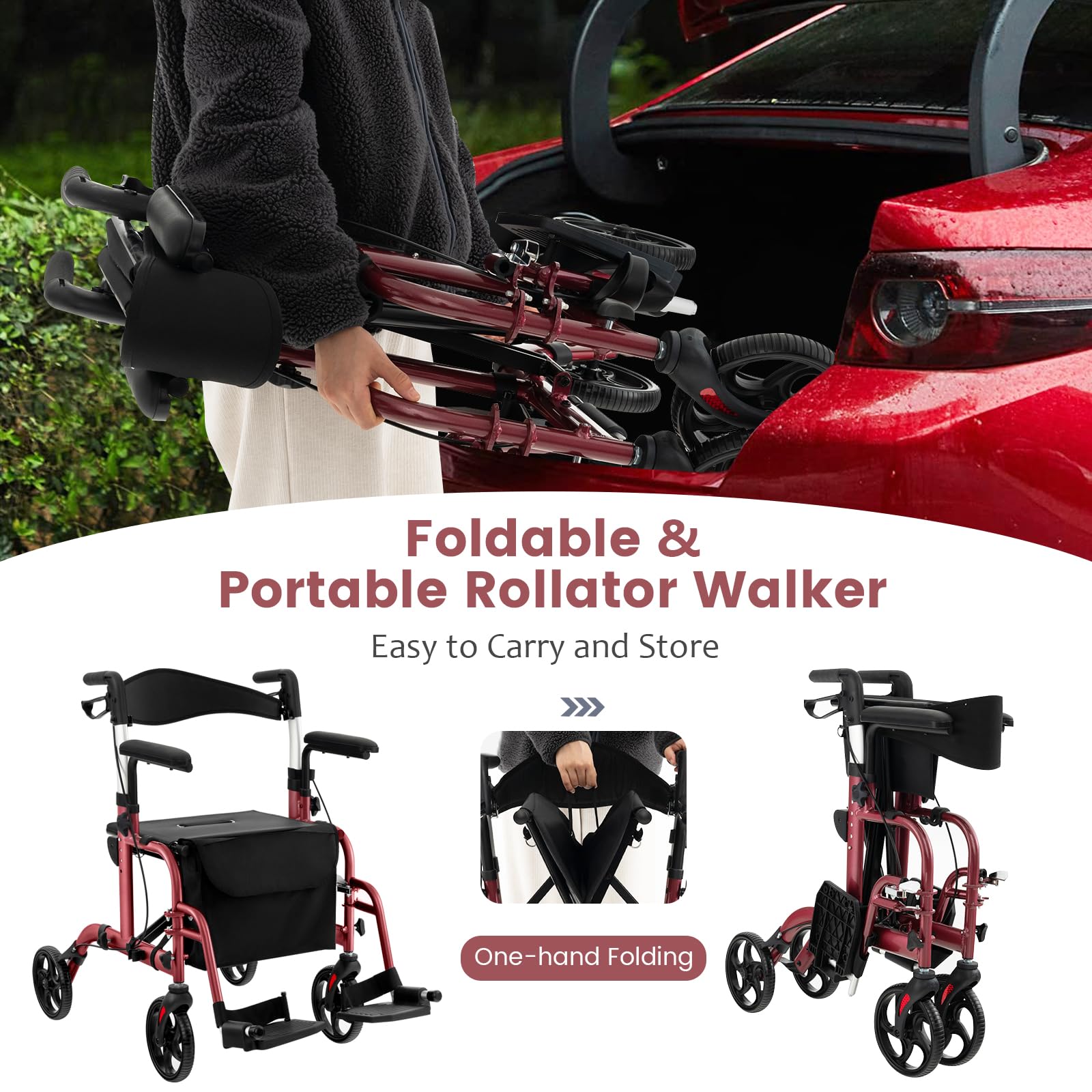 FANTASK Andador plegable y ligero, silla de ruedas 2 en 1 y andador de viaje con asiento, andador con bolsa, frenos dobles y soporte para bastones, carrito de 6 alturas ajustables para personas