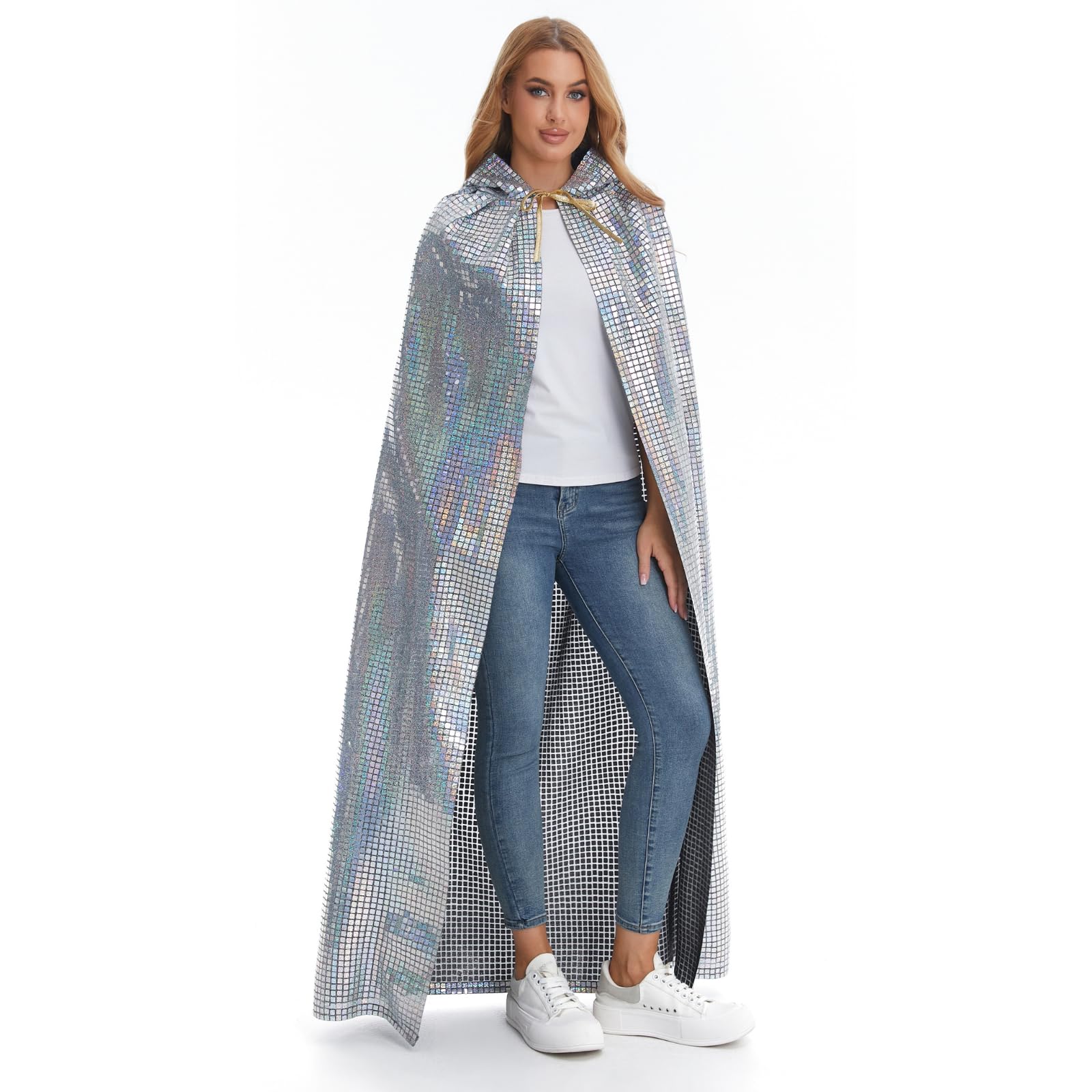 Full Length Sequin Cape Bling Bling Adult Glitter Cloak 1970's Abba Costumes for Halloween Christmas Mardi Gras Carnival Mama Mia Retro Party (Sliver Square - Image 2