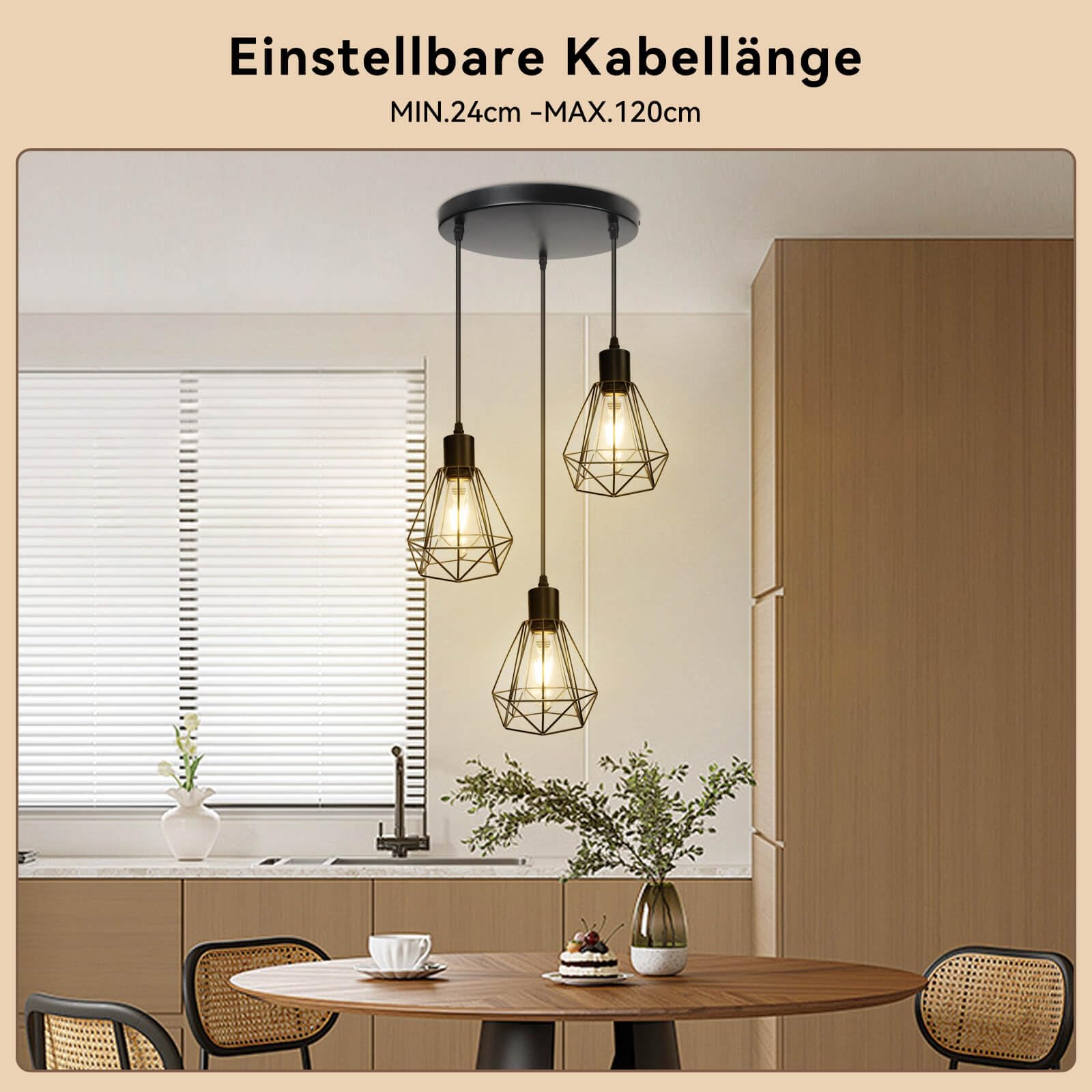 HiBay Hängelampe Esstisch E27 Pendelleuchte Vintage Küchenlampe Hängend 3 Flammig Esszimmerlampe Schwarz Hängeleuchte für Flur Wohnzimmer Schlafzimmer Max. 60W Ohne Leuchtmittel