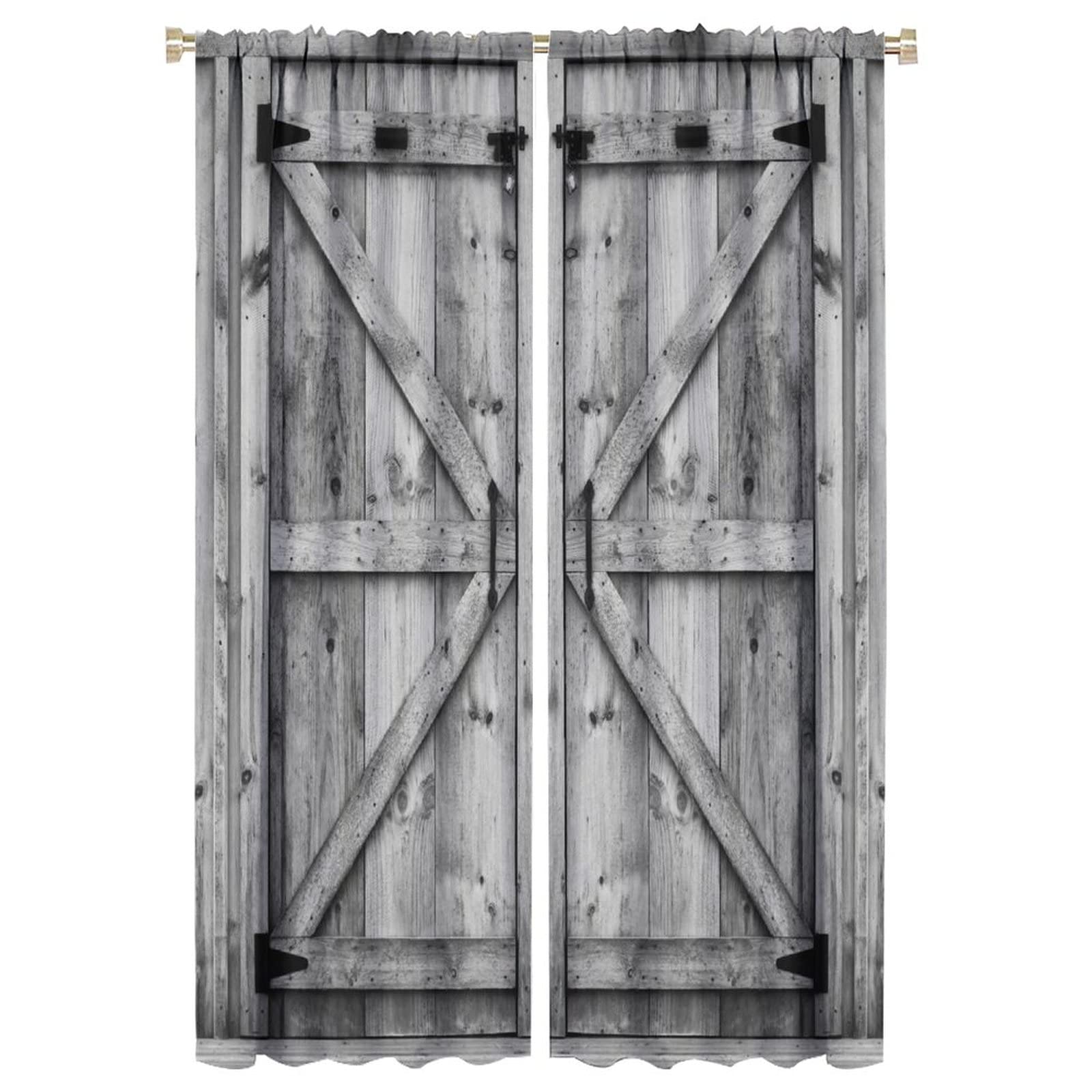 Rustic Curtain,Grey White Wooden Barn Door Farmhouse Wood Vintage Theme Print Window Drapes for Living Room Bedroom Kitchen Decoration Thermal