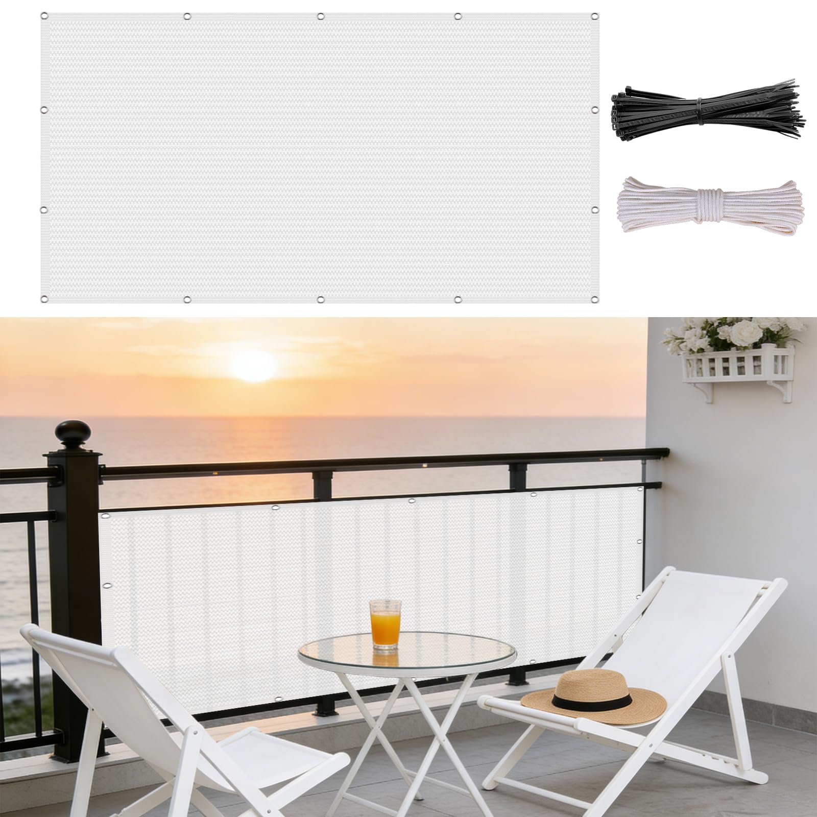Telo Balcone 170 x 750 cm in HDPE 220G ㎡, Permeabile, Anti-Uv, Frangivento, Protezione Solare, Telo Frangivento per Balconi con Fascette e Funi para Jardín Exterior, Bianco