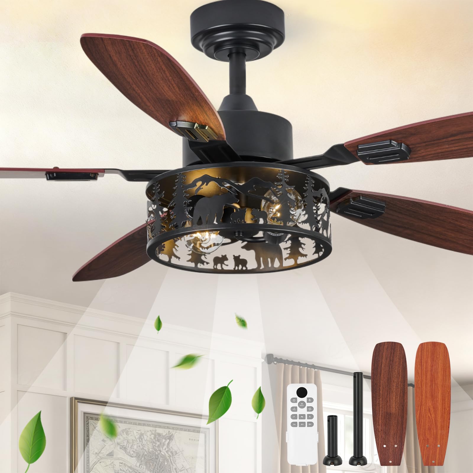 Photo 1 of Cyclira 52 inch Farmhouse Rustic Ceiling Fan with Light-Deer Bear Style, Timer Quiet 6 Speed Reversible Motor Wooden Blades Ceiling Fans Lights Remote Control for Living Room, Bedroom, Kitchen