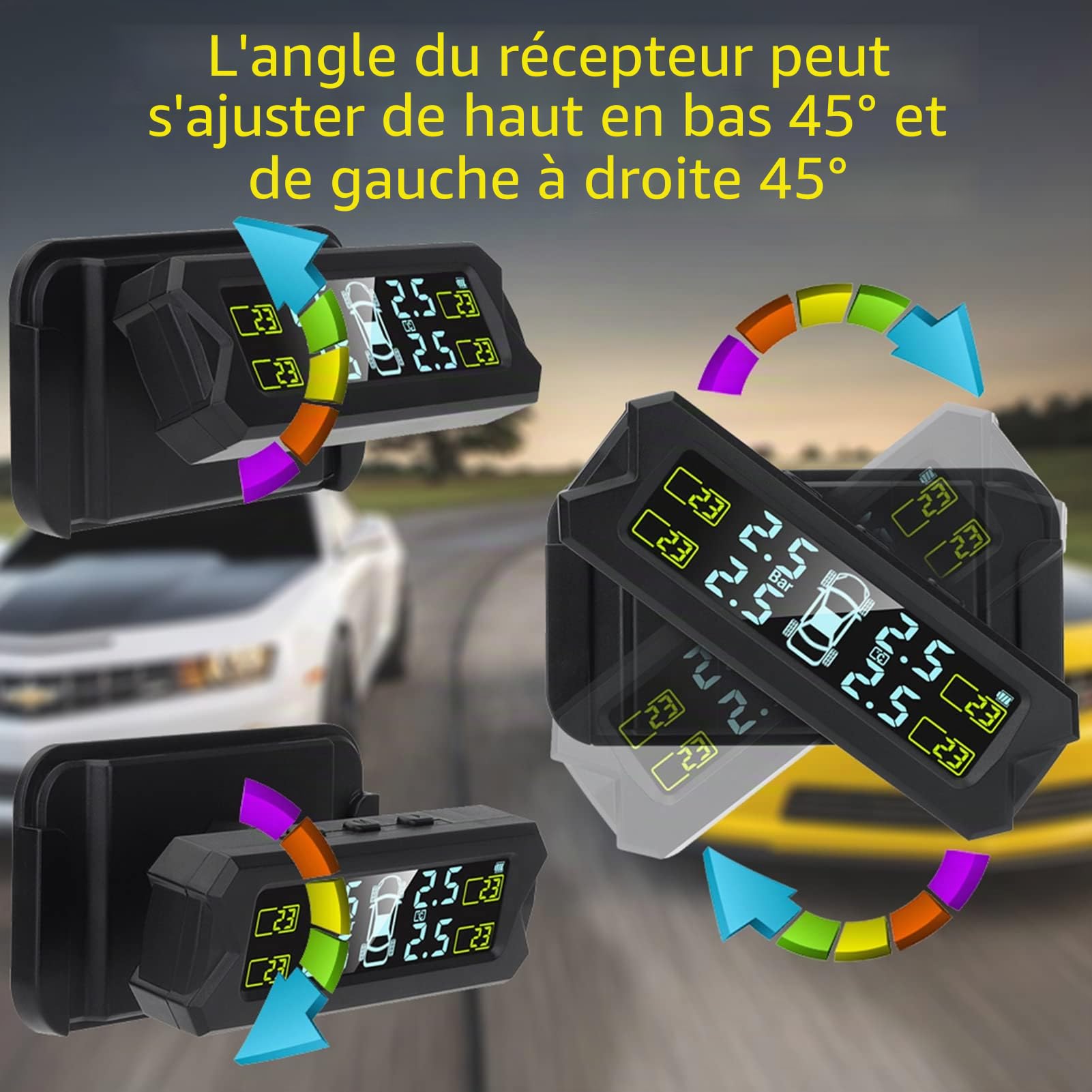 Shkalacar USB/Solar TPMS 0-81 PSI Système de Surveillance de la Pression des pneus avec 4 capteurs, 5 Modes d'alarme, écran LCD avec rétroéclairage Automatique pour Voiture berline SUV MPV