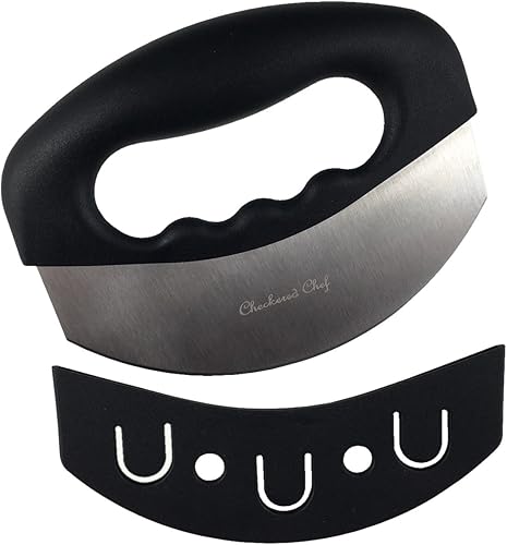 Checkered Chef Cuchillo Mezzaluna - Cuchillo balancín cuchillo de picar y picar Mezzaluna con una sola hoja y cubiertavaina cortador de verduras y