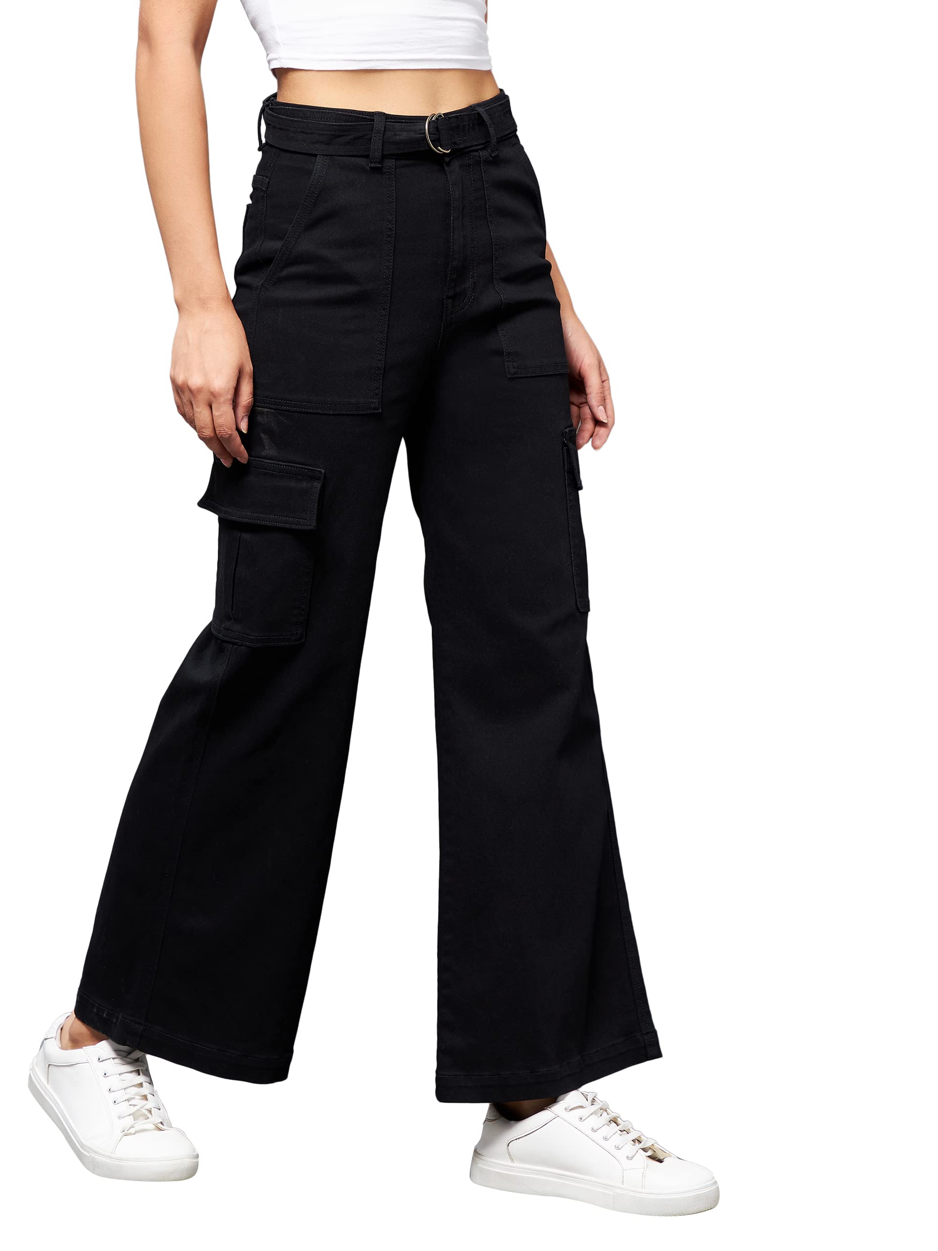 miss chase Women's Black Wide Leg High Rise Clean Look Regular Stretchable Denim Jeans-picture-22