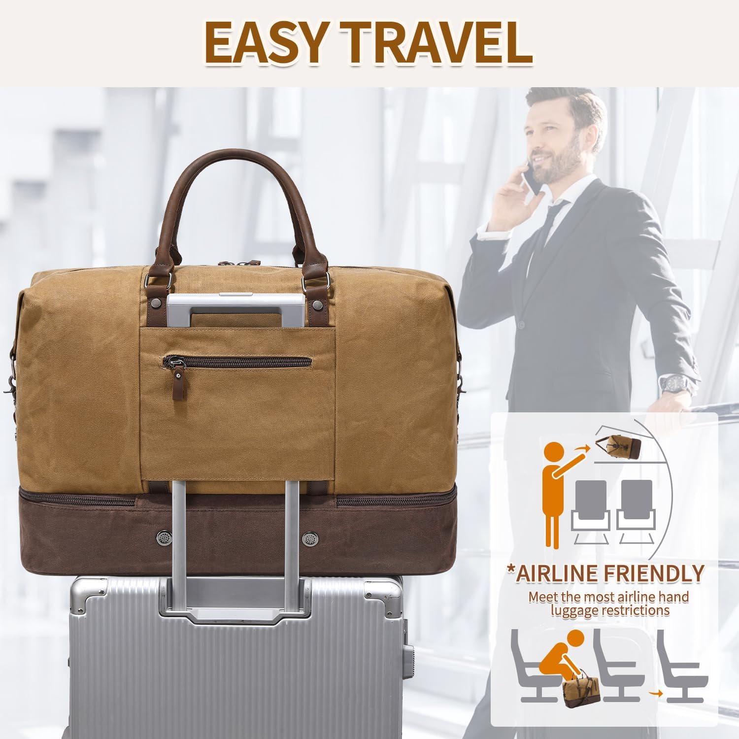 FENGDONG Weekender Bag Large Overnight Bag for Men Women Tote with Shoe Compartment Canvas Carry on Luggage Bag Travel Duffel Bag Brown - Image 6