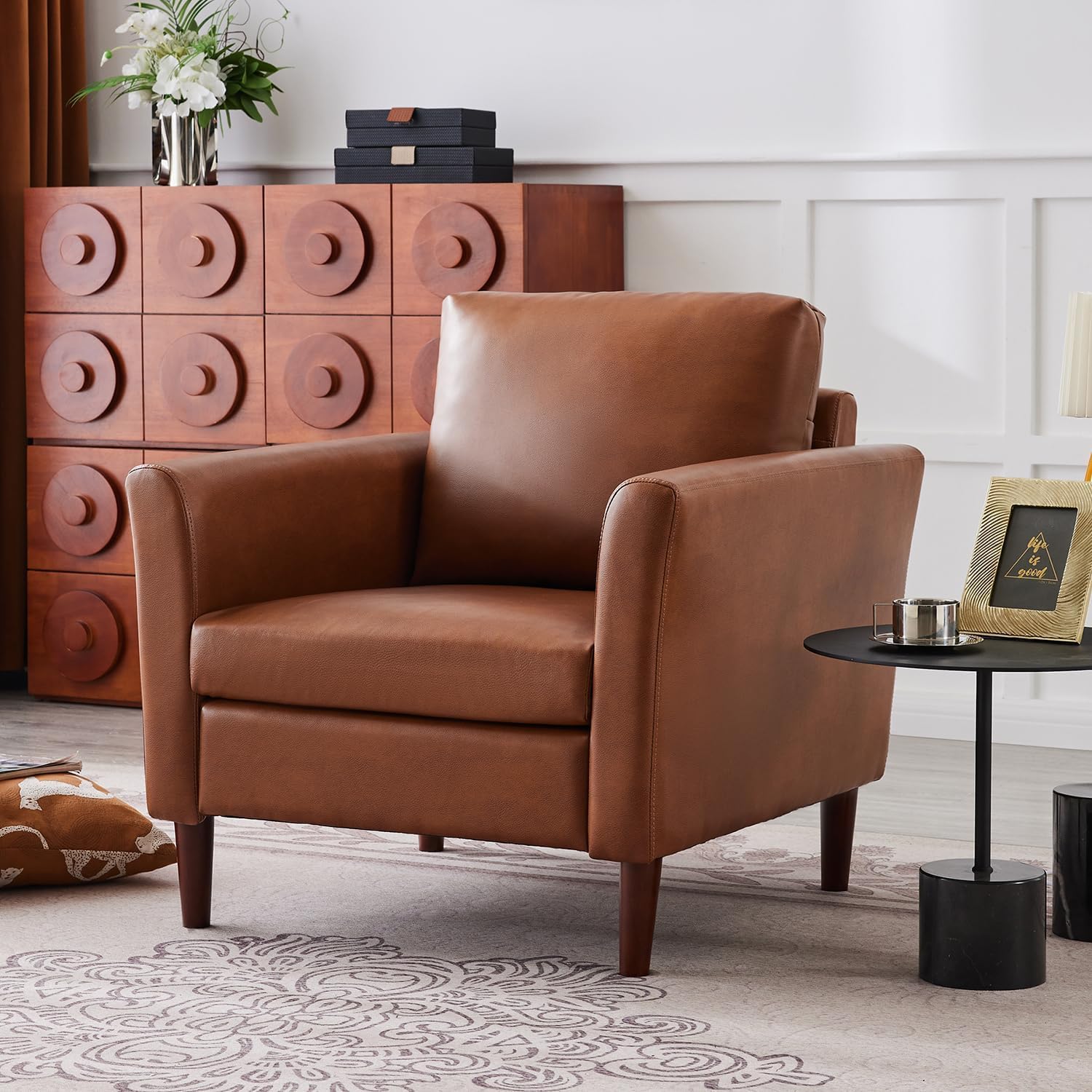 Kingfun Mid-Century Accent Chairs, PU Leather Modern Upholstered Living Room Chair, Cozy Armchair with Rolled Arms and Deep Seats, Dark Brown