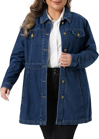 Agnes Orinda Plus Size Denim Jacket for Women Buttons Long Sleeve Jean Jackets