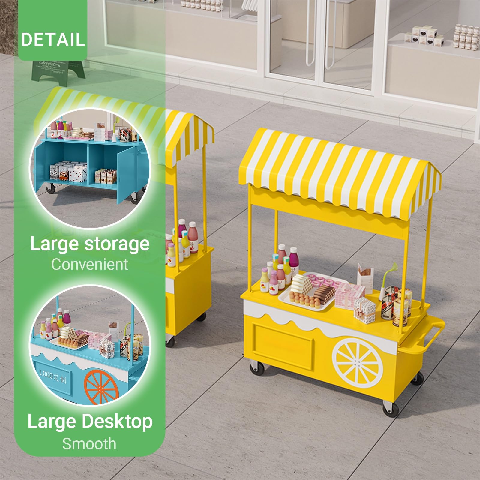 Verkaufswagen aus Eisen mit Rädern und Markise, moderner Marktstand mit gestreiftem Dach, kreative Auslage für Snacks, Süßwaren und Straßenveranstaltungen im Freien